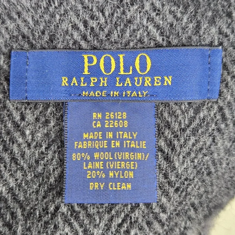 Polo Ralph Lauren Wool Blend Oblong Scarf Dark Gray Black Red Fringed Ends